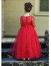 Red Lace Tulle Ankle Length Simple Flower Girl Dress